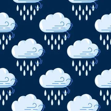 Seamless pattern with rain cloud, wind and raindrops on dark background in Stock Illustration