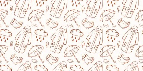 Seamless pattern with rain icon, umbrella, raincoat and rubber boot in line art Stock Illustration