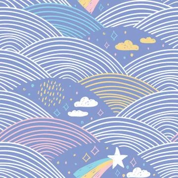 Seamless pattern rainbow abstract scales, sky clouds stars, simple Nature doo 스톡 일러스트