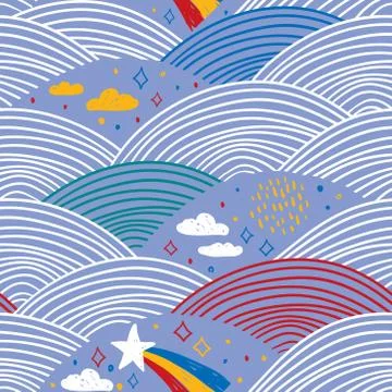 Seamless pattern rainbow abstract scales, sky clouds stars, simple Nature doo Stock Illustration
