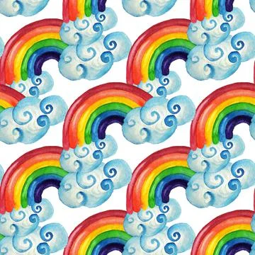 Seamless pattern with rainbow and clouds Stockillustratie