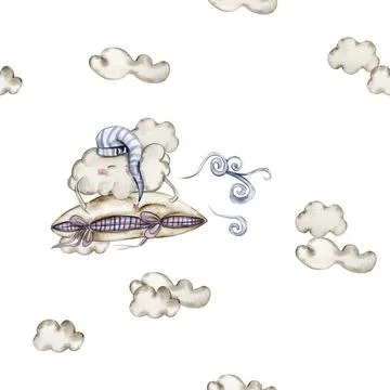 Seamless pattern of rainbow and fluffy sheep. Watercolor hand painted desig.. Stock Illustration