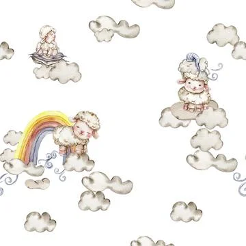 Seamless pattern of rainbow and fluffy sheep. Watercolor hand painted design  Stock Illustration