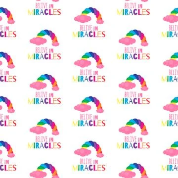 Seamless pattern with rainbow and pink clouds and fashion slogan Belive in 스톡 일러스트