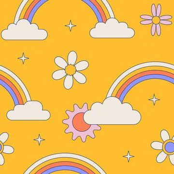 Seamless pattern rainbow arcs with daisy flowers on groovy yellow background Stock Illustration