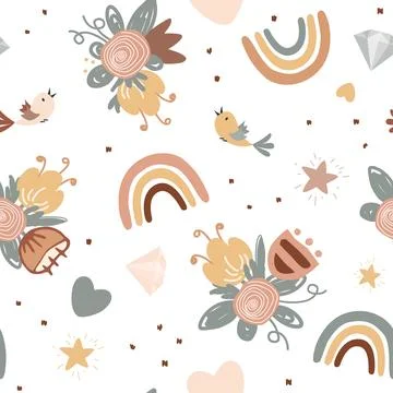 Seamless pattern with rainbow, birds and flowers. Cute vector background for Stock Illustration