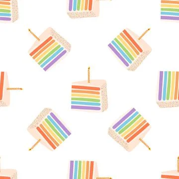 Seamless pattern with rainbow birthday cake and candle in flat style. Vector  Stock Illustration