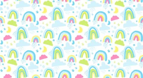 Seamless pattern with rainbow, clouds and stars in pastel colors. Stock Illustration