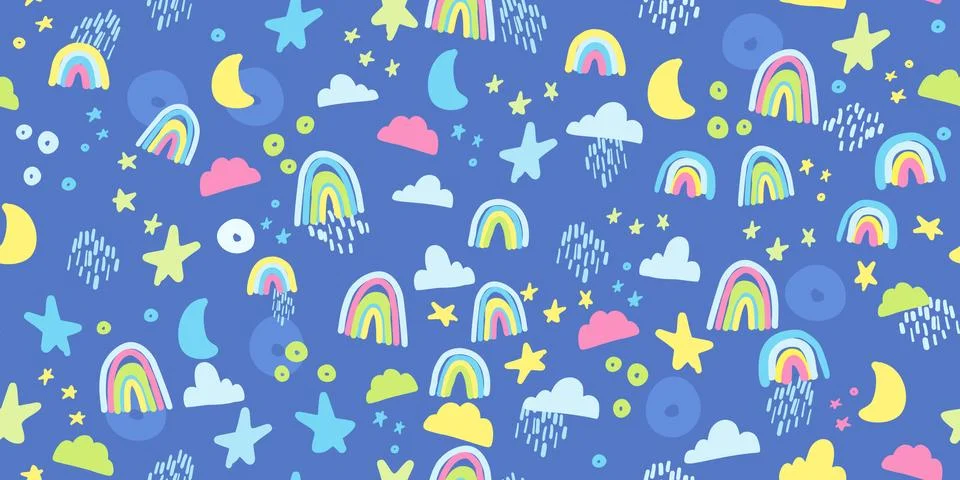 Seamless pattern with rainbow, clouds and stars in pastel colors. 스톡 일러스트