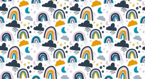 Seamless pattern with rainbow, clouds and stars in pastel colors. 스톡 일러스트