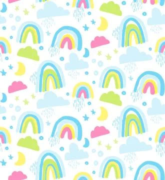 Seamless pattern with rainbow, clouds and stars in pastel colors. Stock Illustration