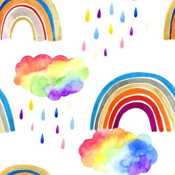 Seamless pattern with rainbow clouds and rainbow, watercolor background Illustrazione stock