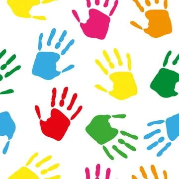 Seamless pattern with rainbow colored hand prints on white background. Stock Illustration