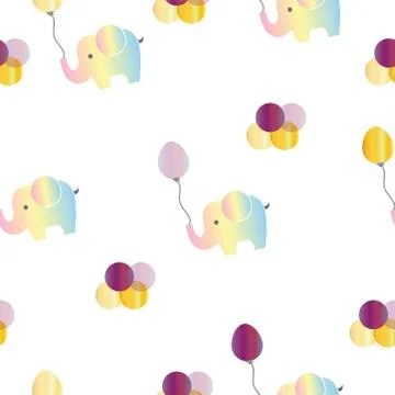 Seamless pattern with rainbow elephants and purple balloons イラスト素材