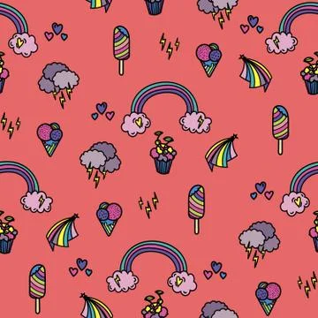 Seamless pattern with rainbow, heart, stars, ice cream, lightning and cake. Stockillustratie