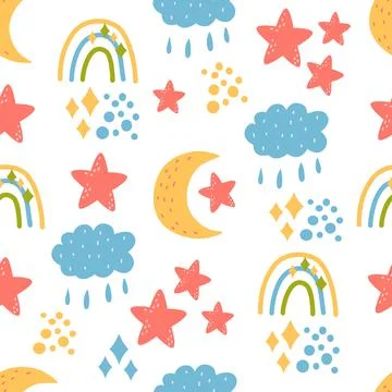 Seamless pattern - rainbow, moon, clouds, stars 스톡 일러스트