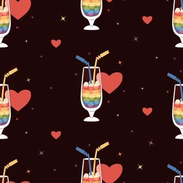 Seamless Pattern. Rainbow Pride Cocktail with Straws and ice cubes on black.. Illustrazione stock