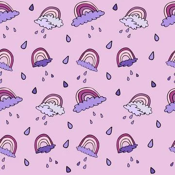 Seamless pattern with rainbow, rain and clouds. 스톡 일러스트