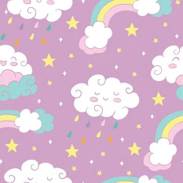 Seamless pattern with rainbow rain clouds pink Stock Illustration