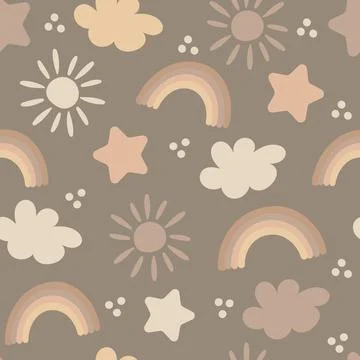 Seamless pattern - rainbow, sun, star, cloud in brown pastel colors, vector Stock Illustration