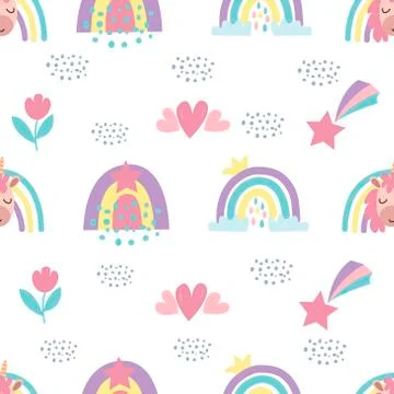 Seamless pattern with rainbow, unicorn, flowers Illustrazione stock