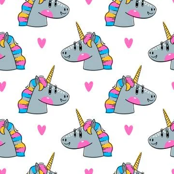 Seamless pattern with Rainbow Unicorn heads. Fashion kawaii animals. Vector Stock Illustration