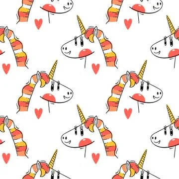 Seamless pattern with Rainbow Unicorn heads. Fashion kawaii animals. Vector Stock Illustration