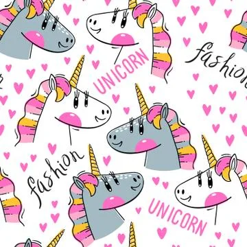 Seamless pattern with Rainbow Unicorn heads. Fashion kawaii animals. Vector Stock Illustration