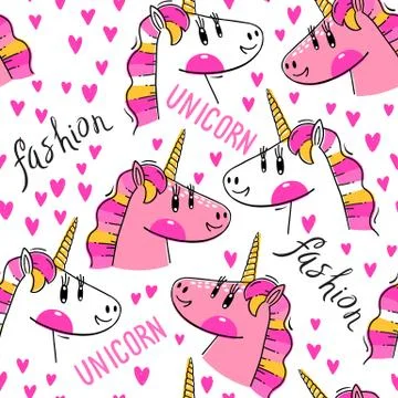 Seamless pattern with Rainbow Unicorn heads. Fashion kawaii animals. Vector Stock Illustration