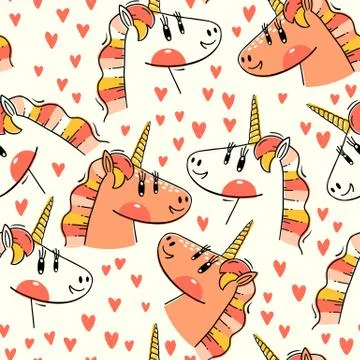 Seamless pattern with Rainbow Unicorn heads. Fashion kawaii animals. Vector Stock Illustration