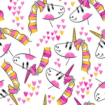 Seamless pattern with Rainbow Unicorn heads. Fashion kawaii animals. Vector Stock Illustration