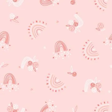 Seamless pattern with rainbowa, hearts and flowers in pink and white colors on Stock Illustration
