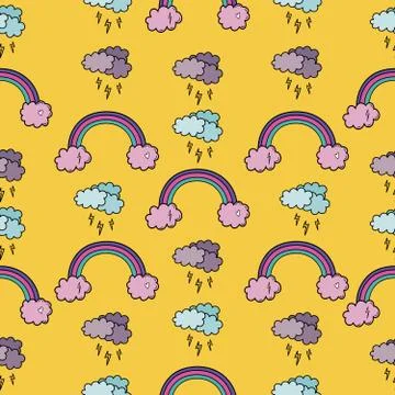 Seamless pattern with rainbows and clouds. Stock Illustration