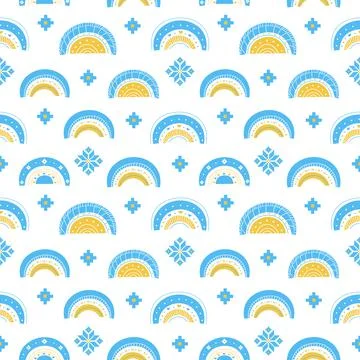 Seamless pattern with rainbows and embroidered elements in national blue and Illustrazione stock