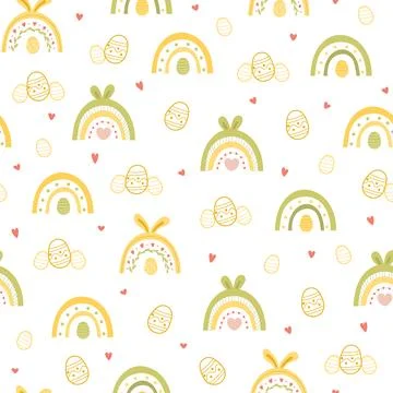 Seamless pattern with rainbows with bunny ears and easter eggs Stock Illustration