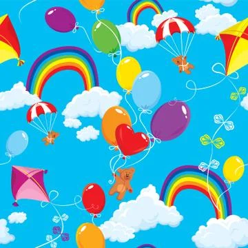 Seamless pattern with rainbows, clouds, colorful balloons, kite, parachute an Stock Illustration