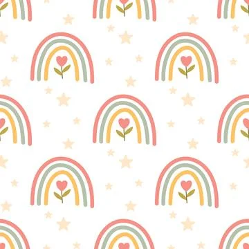 Seamless pattern with rainbows, hearts and stars Stock Illustration