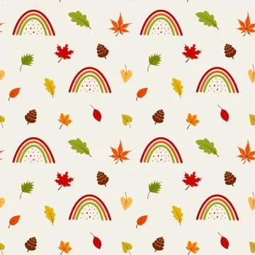 Seamless pattern with rainbows, pinecones and autumn leaves. Stock Illustration