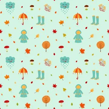 Seamless pattern with raincoat, rubber boots, umbrella, kawaii cloud, tree,.. Stock Illustration
