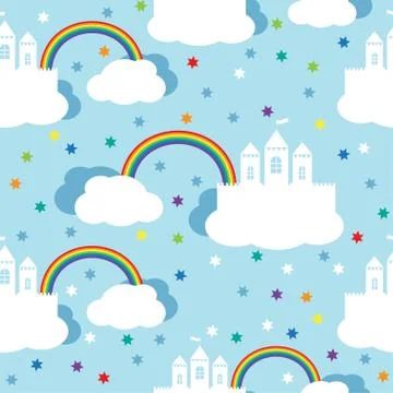 Seamless pattern with raindow castle and clouds Stockillustratie