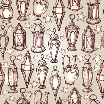 Seamless pattern for Ramadan Kareem with hand drawn lanterns and stars. Stock Illustration