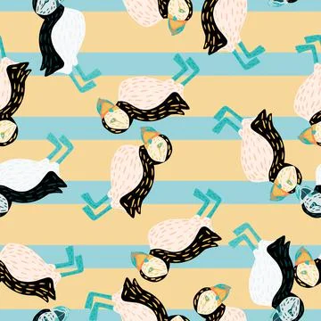 Seamless pattern with random black and white colored puffin bird silhouettes. イラスト素材