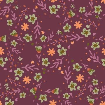 Seamless pattern with random botanic flowers and foliage ornament. Ditsy back 스톡 일러스트