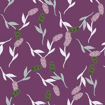 Seamless pattern with random decorative ear of wheat elements print. Purple b 스톡 일러스트