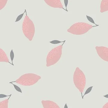 Seamless pattern with random doodle lemon pastel pink ornament. Light grey ba Stock Illustration
