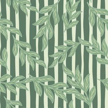Seamless pattern with random green contoured botanic branches shapes. Striped Stock Illustration