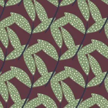 Seamless pattern with random green dotted branches. Background in burgundy to Stockillustratie