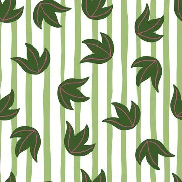 Seamless pattern with random green leaf bush ornament. Striped background. Si Stock Illustration