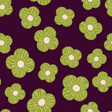 Seamless pattern with random green simple flower elements ornament. Dark purp Stock Illustration