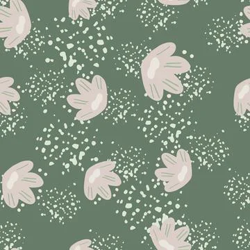 Seamless pattern with random grey flowers in kids style print. Pastel green b 스톡 일러스트